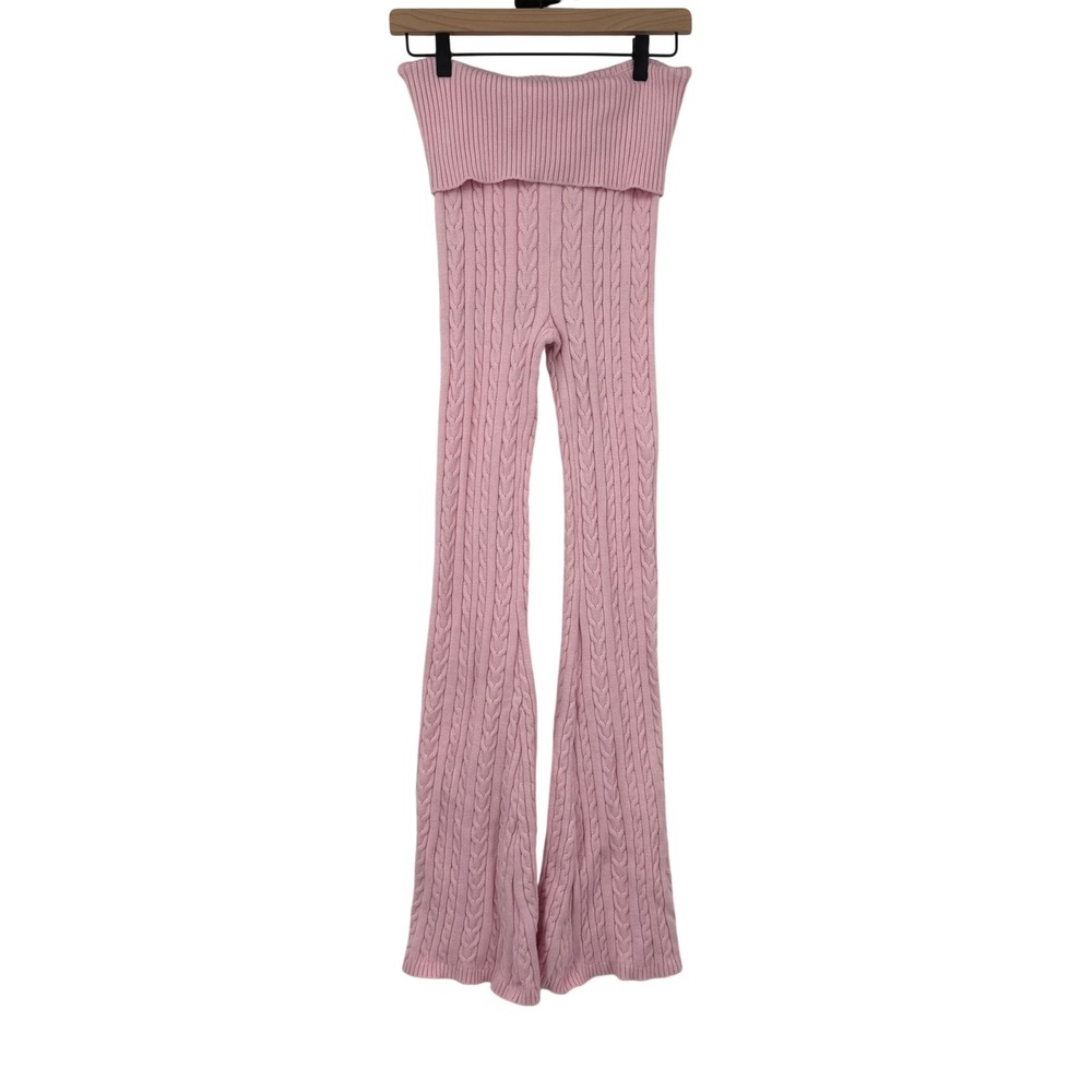 Cable Knit High Rise Pink Knit Pants Large Flare Leg Foldover Waist Comfy Cozy